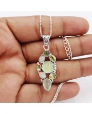 Prehnite Pendant – 925 Sterling Silver with Ethiopian Opal, Idocrase & Peridot