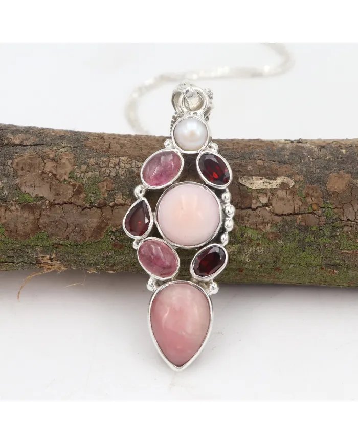 Pink Opal Pendant – 925 Sterling Silver with Garnet, Tourmaline & Pearl