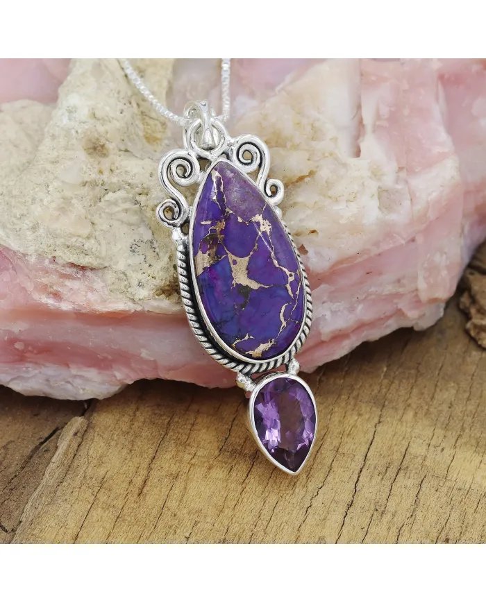 Turquoise & Amethyst Pendant - 925 Sterling Silver Gemstone Jewelry