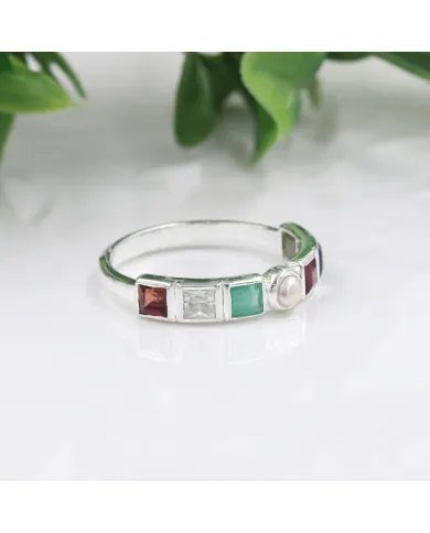 Multi-Color Gemstone with Pearl Band Ring - 925 Sterling Silver Jewelry