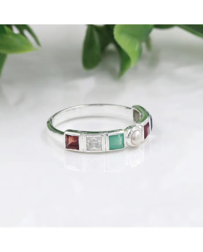 Multi-Color Gemstone with Pearl Band Ring - 925 Sterling Silver Jewelry