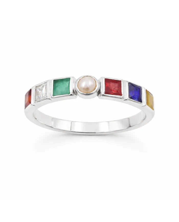 Multi-Color Gemstone with Pearl Band Ring - 925 Sterling Silver Jewelry