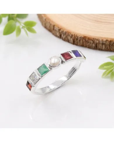 Multi-Color Gemstone with Pearl Band Ring - 925 Sterling Silver Jewelry
