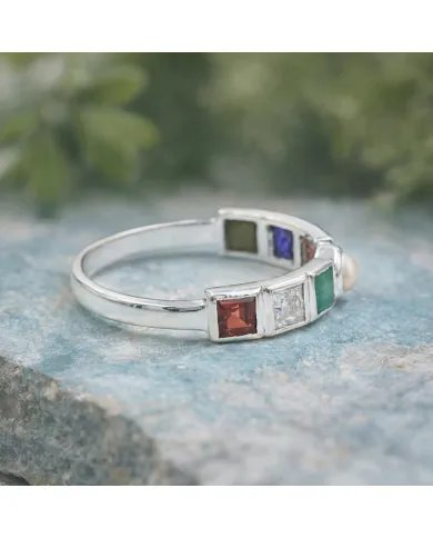Multi-Color Gemstone with Pearl Band Ring - 925 Sterling Silver Jewelry