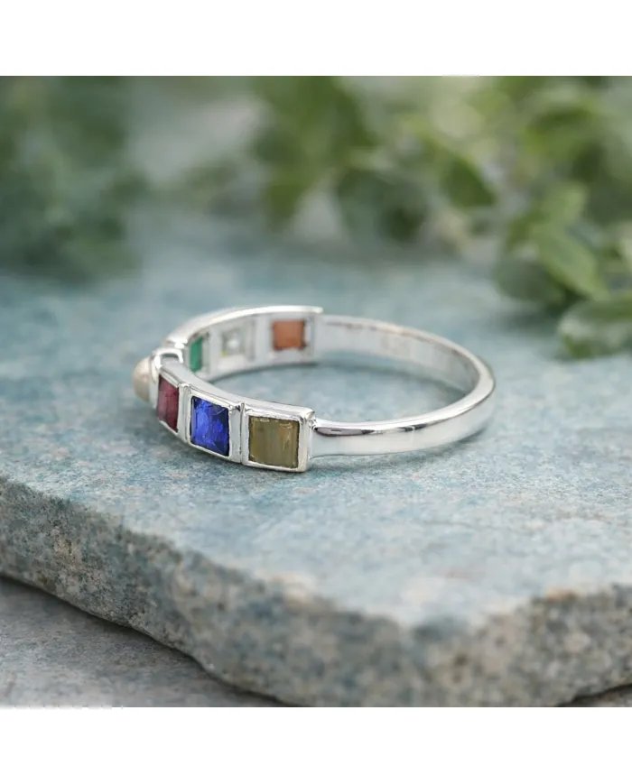 Multi-Color Gemstone with Pearl Band Ring - 925 Sterling Silver Jewelry
