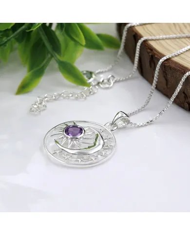 Celestial Sun Moon Pendant Necklace in Sterling Silver with Amethyst