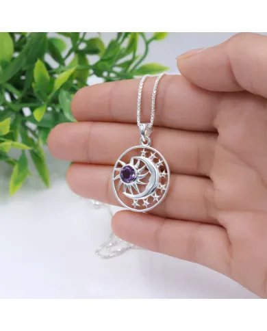 Celestial Sun Moon Pendant Necklace in Sterling Silver with Amethyst
