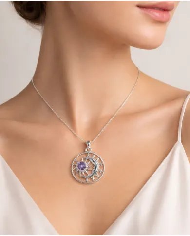 Celestial Sun Moon Pendant Necklace in Sterling Silver with Amethyst