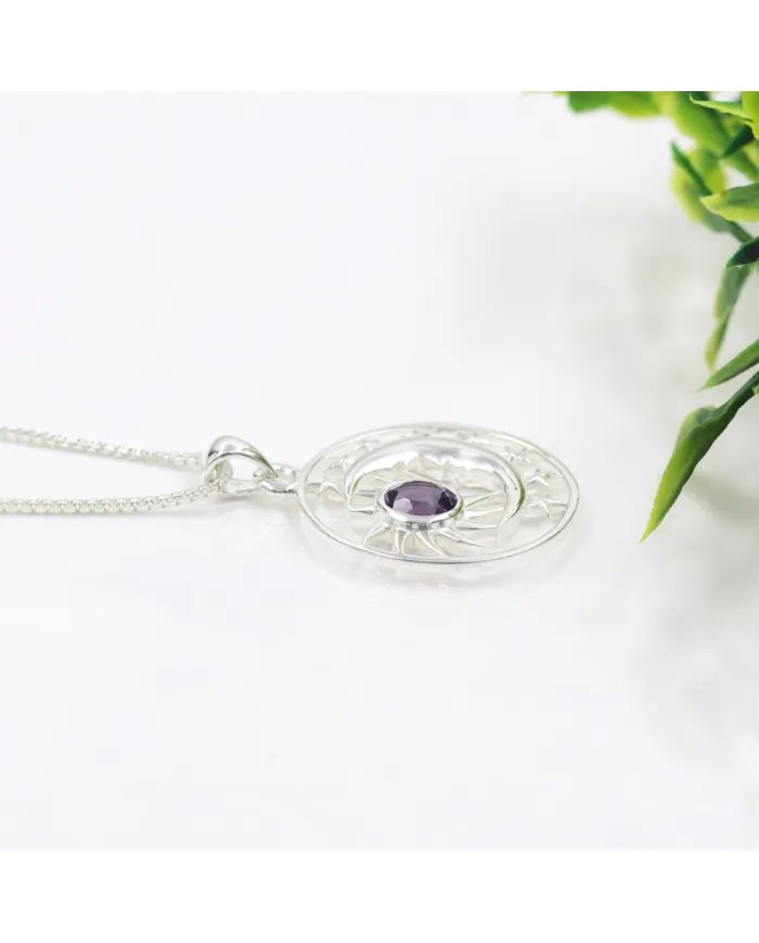 Celestial Sun Moon Pendant Necklace in Sterling Silver with Amethyst