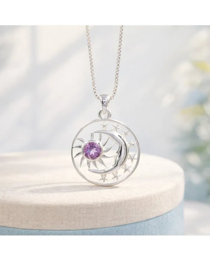 Celestial Sun Moon Pendant Necklace in Sterling Silver with Amethyst