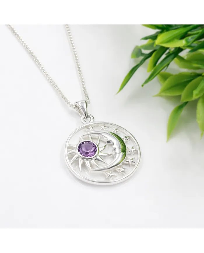 Celestial Sun Moon Pendant Necklace in Sterling Silver with Amethyst