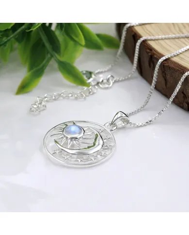 Rainbow Moonstone Celestial Sun Moon Pendant in 925 Sterling Silver