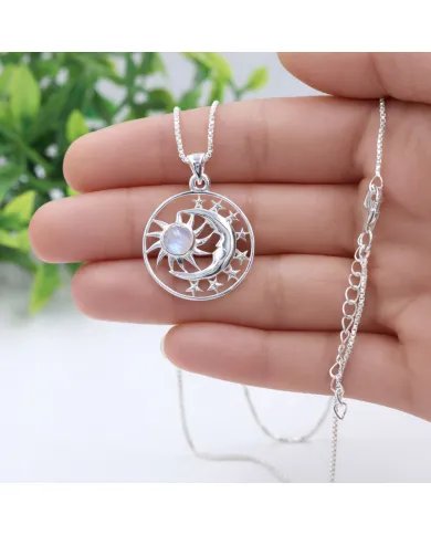 Rainbow Moonstone Celestial Sun Moon Pendant in 925 Sterling Silver