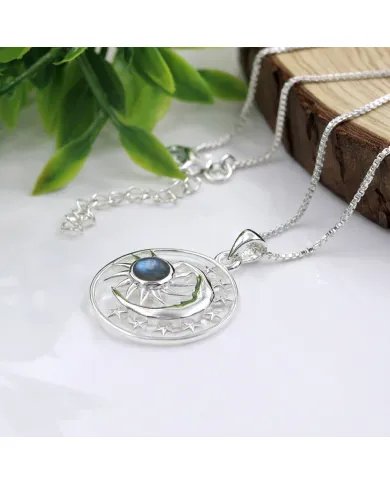 Natural Labradorite Celestial Sun Moon Pendant in 925 Sterling Silver