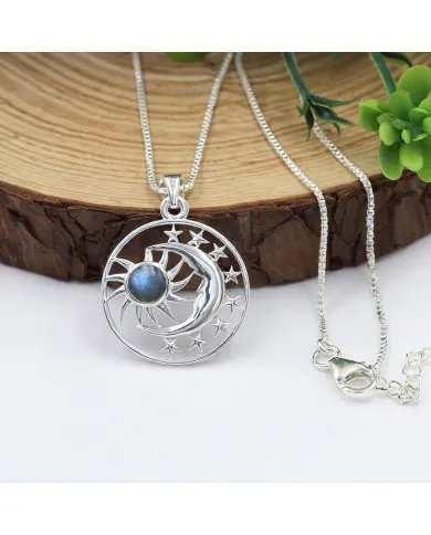 Natural Labradorite Celestial Sun Moon Pendant in 925 Sterling Silver