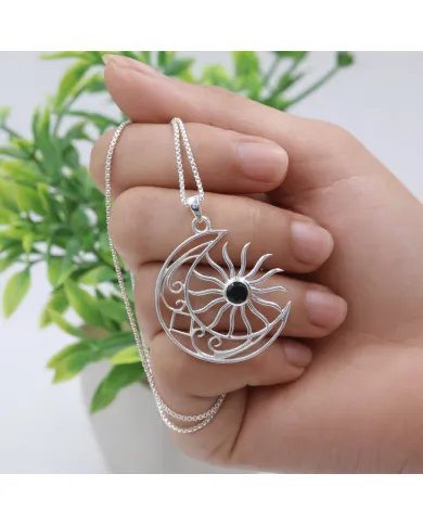 Celestial Sun & Moon Pendant in Black Onyx –925 Sterling Silver Jewelry