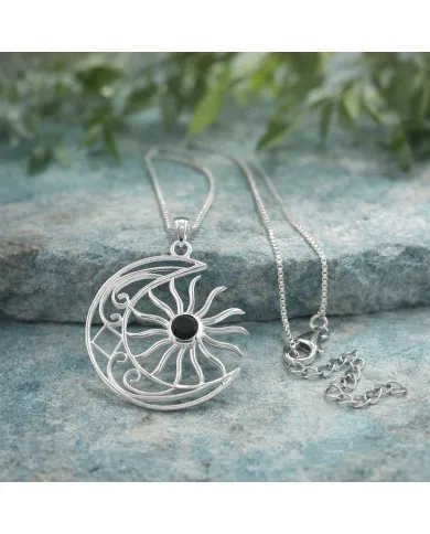 Celestial Sun & Moon Pendant in Black Onyx –925 Sterling Silver Jewelry