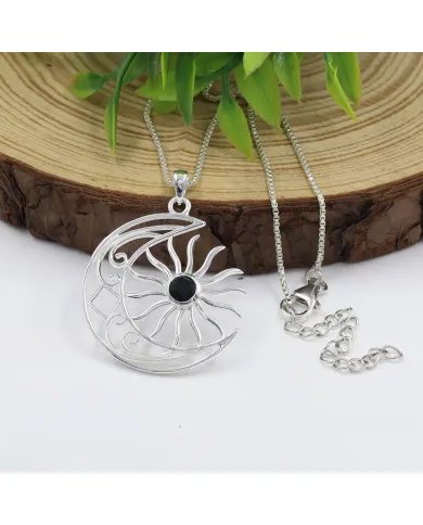 Celestial Sun & Moon Pendant in Black Onyx –925 Sterling Silver Jewelry