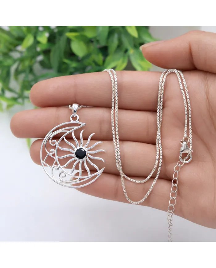 Celestial Sun & Moon Pendant in Black Onyx –925 Sterling Silver Jewelry