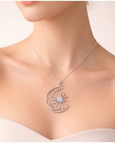 Celestial Sun & Moon Pendant in Rainbow Moonstone – 925 Sterling Silver