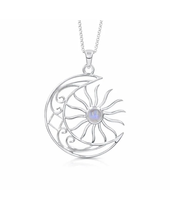 Celestial Sun & Moon Pendant in Rainbow Moonstone – 925 Sterling Silver