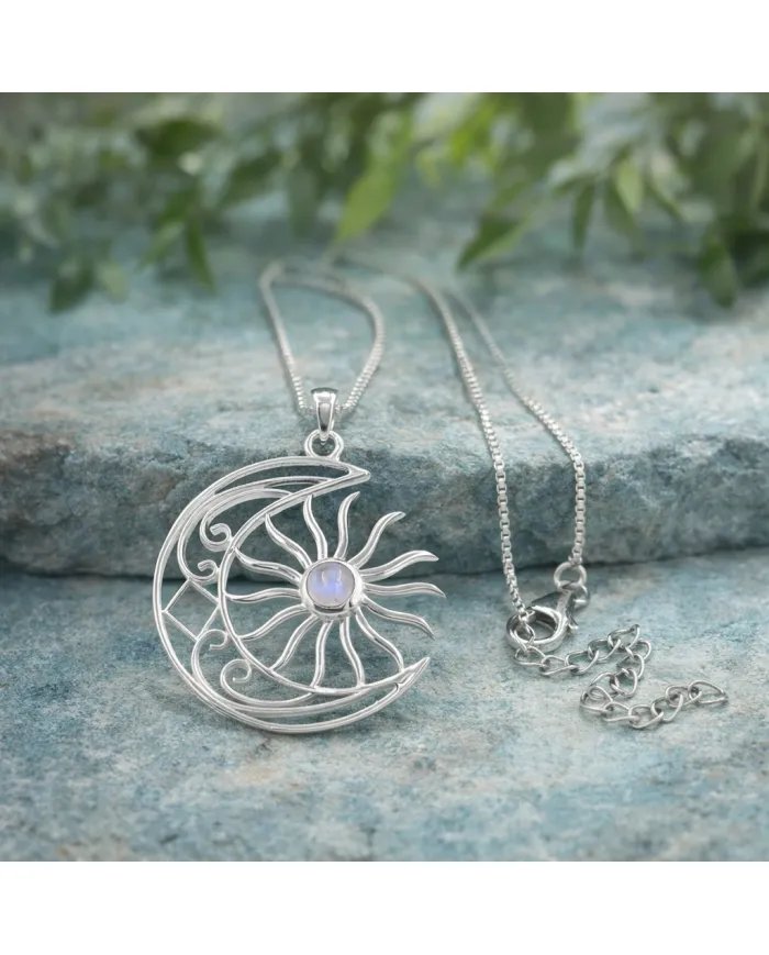 Celestial Sun & Moon Pendant in Rainbow Moonstone – 925 Sterling Silver