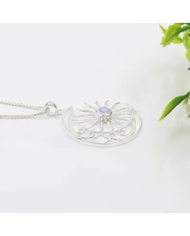 Celestial Sun & Moon Pendant in Rainbow Moonstone – 925 Sterling Silver