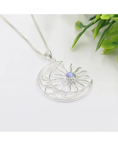 Celestial Sun & Moon Pendant in Rainbow Moonstone – 925 Sterling Silver
