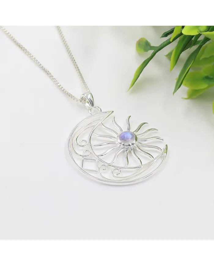Celestial Sun & Moon Pendant in Rainbow Moonstone – 925 Sterling Silver