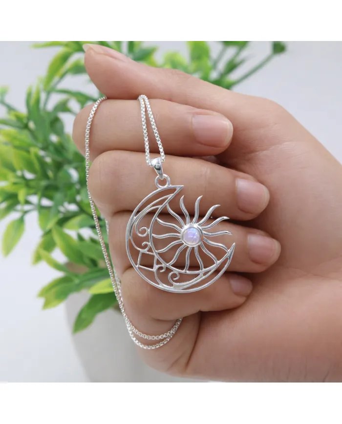 Celestial Sun & Moon Pendant in Rainbow Moonstone – 925 Sterling Silver