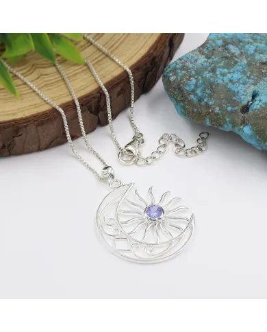 Celestial Sun & Moon Pendant in Tanzanite – 925 Sterling Silver Jewelry