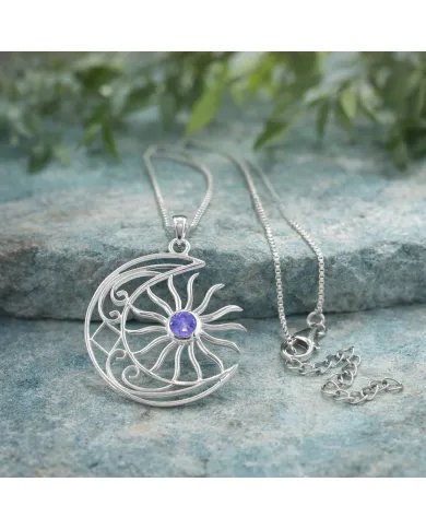 Celestial Sun & Moon Pendant in Tanzanite – 925 Sterling Silver Jewelry