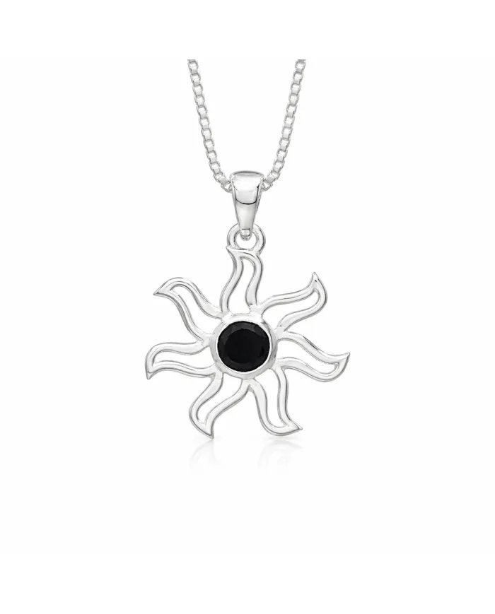 Black Onyx Sun Pendant - 925 Sterling Silver Solar Symbol Jewelry