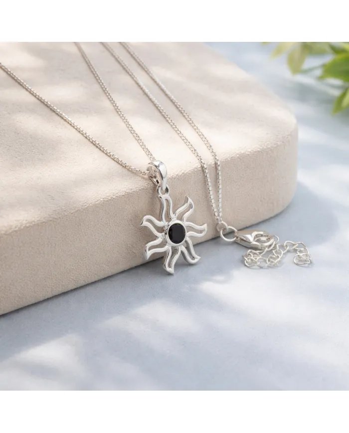 Black Onyx Sun Pendant - 925 Sterling Silver Solar Symbol Jewelry