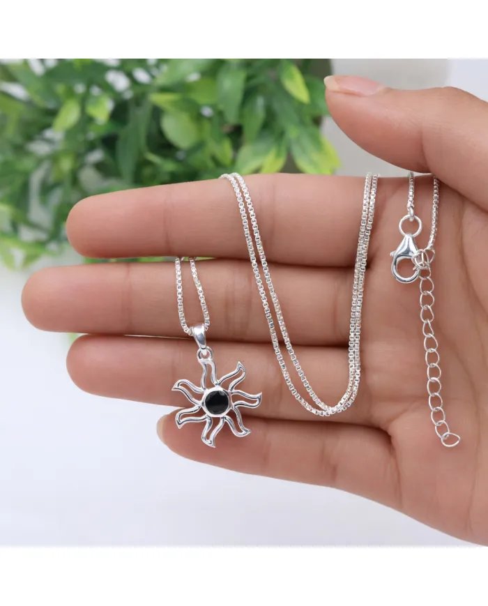 Black Onyx Sun Pendant - 925 Sterling Silver Solar Symbol Jewelry