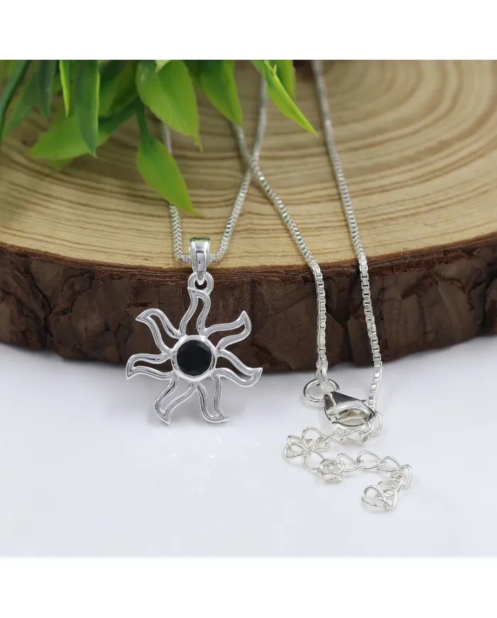 Black Onyx Sun Pendant - 925 Sterling Silver Solar Symbol Jewelry