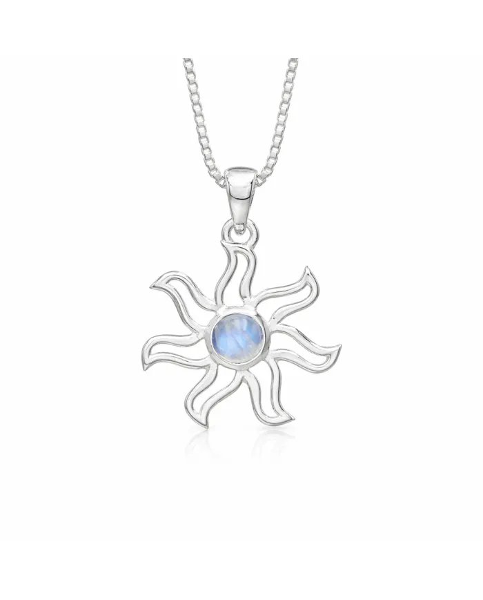Rainbow Moonstone Sun Pendant - 925 Sterling Silver Solar Symbol Jewelry