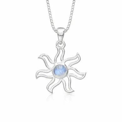 Rainbow Moonstone Sun Pendant - 925 Sterling Silver Solar Symbol Jewelry