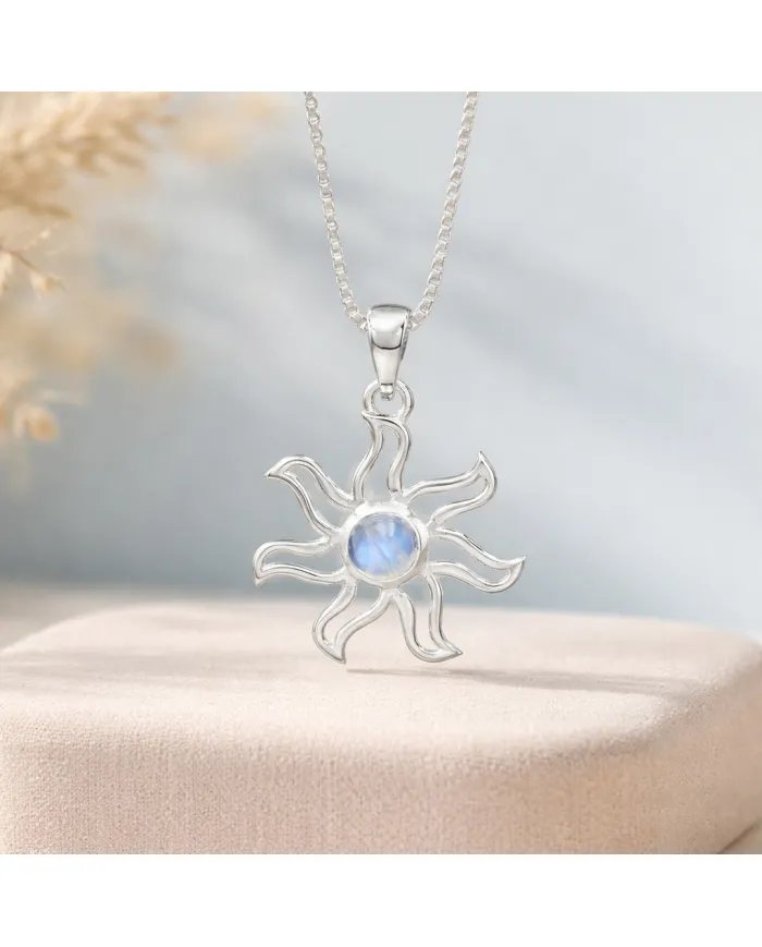 Rainbow Moonstone Sun Pendant - 925 Sterling Silver Solar Symbol Jewelry