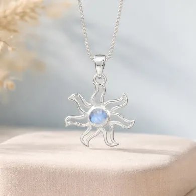 Rainbow Moonstone Sun Pendant - 925 Sterling Silver Solar Symbol Jewelry