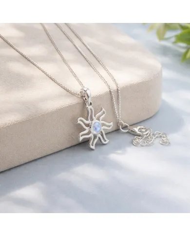 Rainbow Moonstone Sun Pendant - 925 Sterling Silver Solar Symbol Jewelry