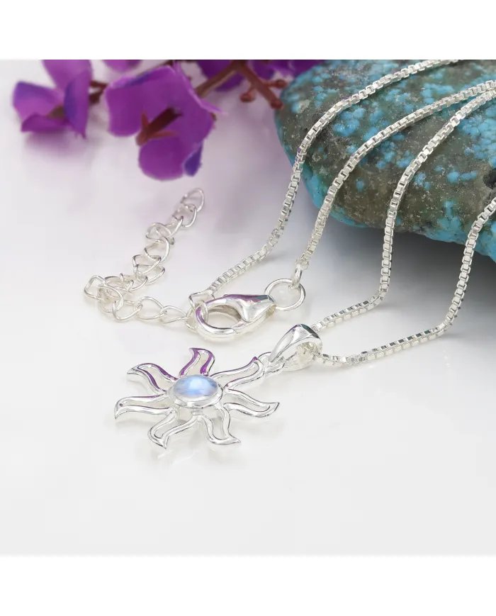 Rainbow Moonstone Sun Pendant - 925 Sterling Silver Solar Symbol Jewelry