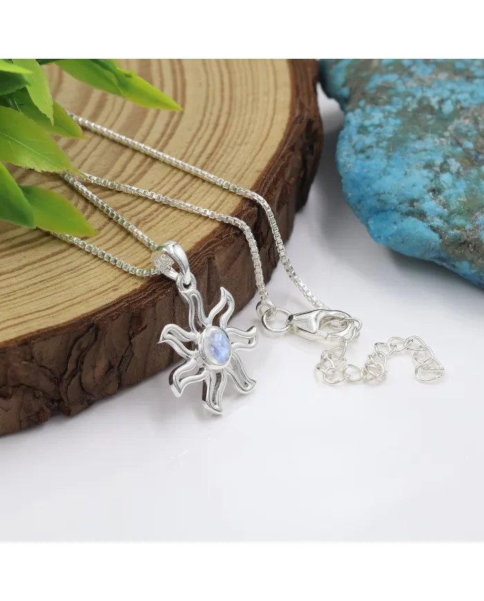 Rainbow Moonstone Sun Pendant - 925 Sterling Silver Solar Symbol Jewelry