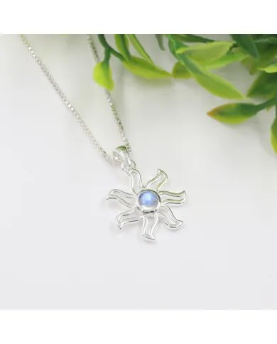 Rainbow Moonstone Sun Pendant - 925 Sterling Silver Solar Symbol Jewelry