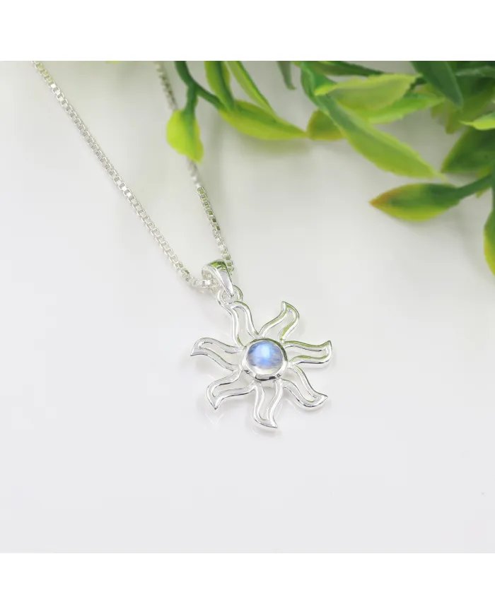 Rainbow Moonstone Sun Pendant - 925 Sterling Silver Solar Symbol Jewelry
