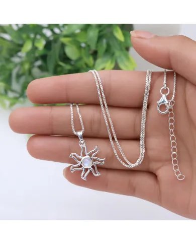 Rainbow Moonstone Sun Pendant - 925 Sterling Silver Solar Symbol Jewelry