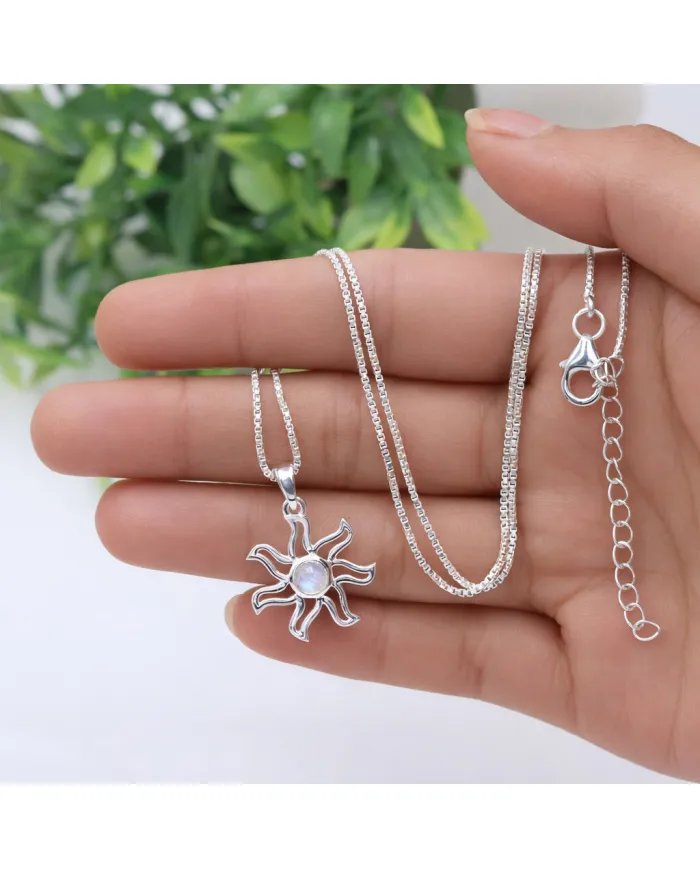 Rainbow Moonstone Sun Pendant - 925 Sterling Silver Solar Symbol Jewelry
