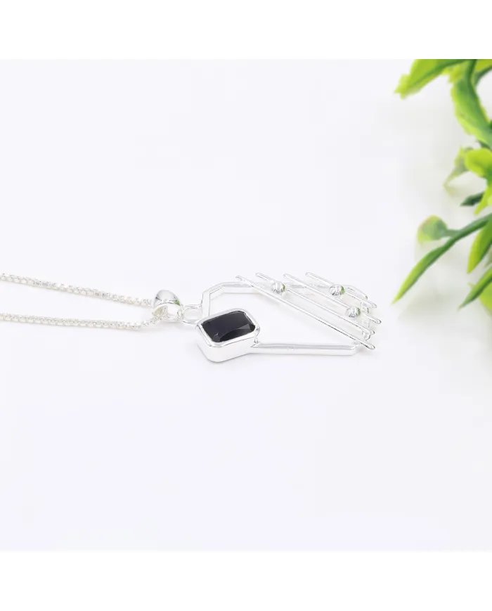 Black Onyx Abstract Frame Pendant - 925 Sterling Silver Modern Jewelry
