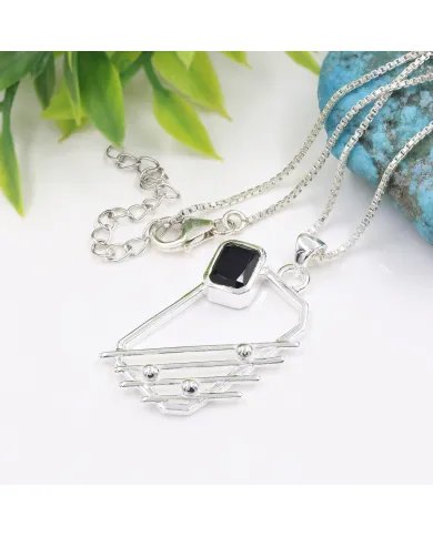 Black Onyx Abstract Frame Pendant - 925 Sterling Silver Modern Jewelry