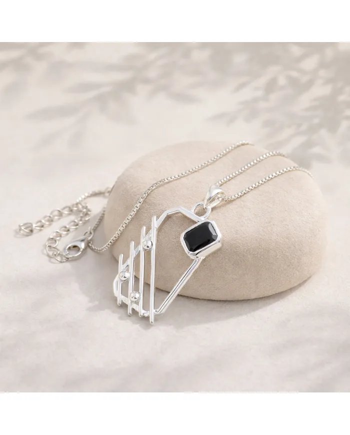 Black Onyx Abstract Frame Pendant - 925 Sterling Silver Modern Jewelry